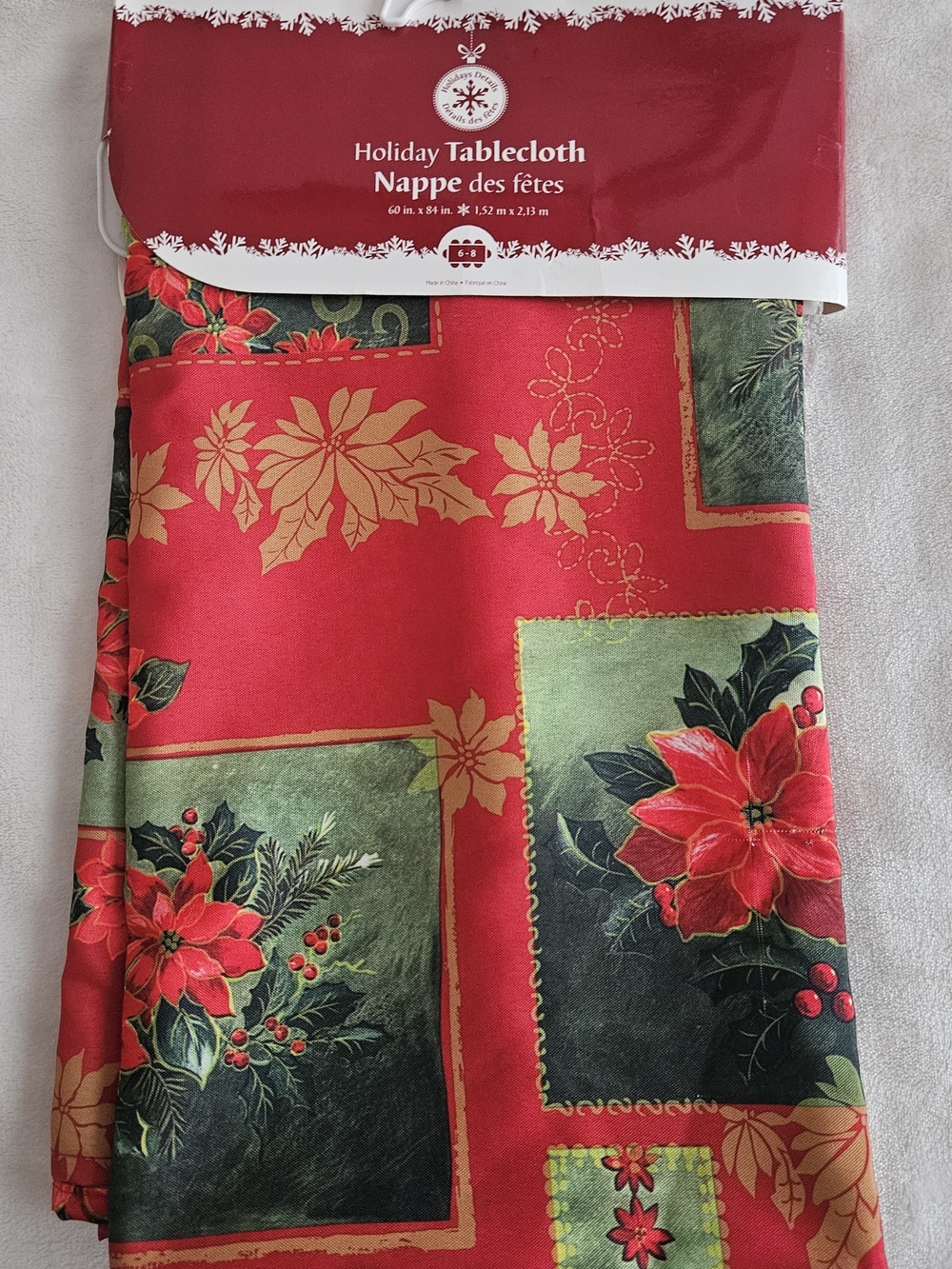 Red Poinsettia Holiday Tablecloth with Gold Accents